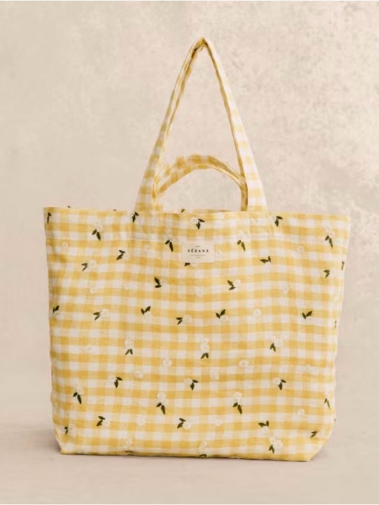 Sezane Handbags - Sézane Big Totebag Straw Yellow Embroidered Daisies, Linen, NWT